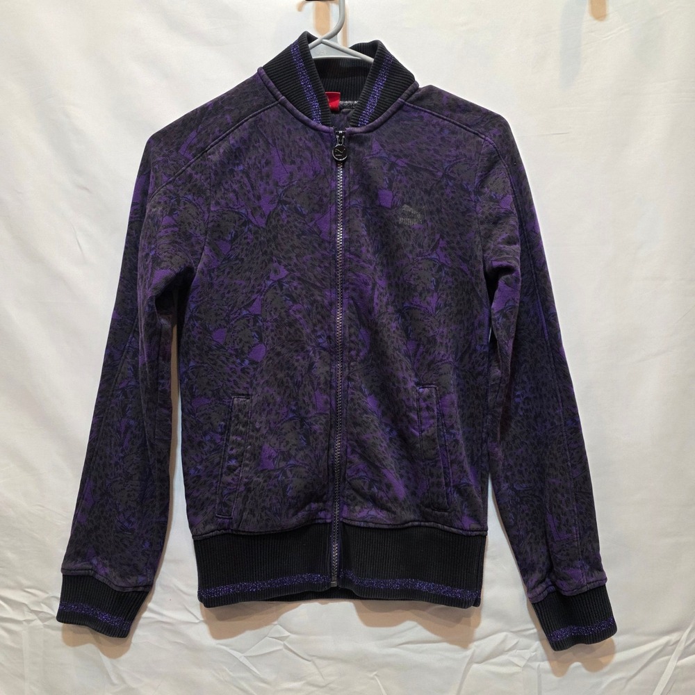 Puma Womens Track Jacket Purple Black Leopard Animal Print Glitter Trim XS